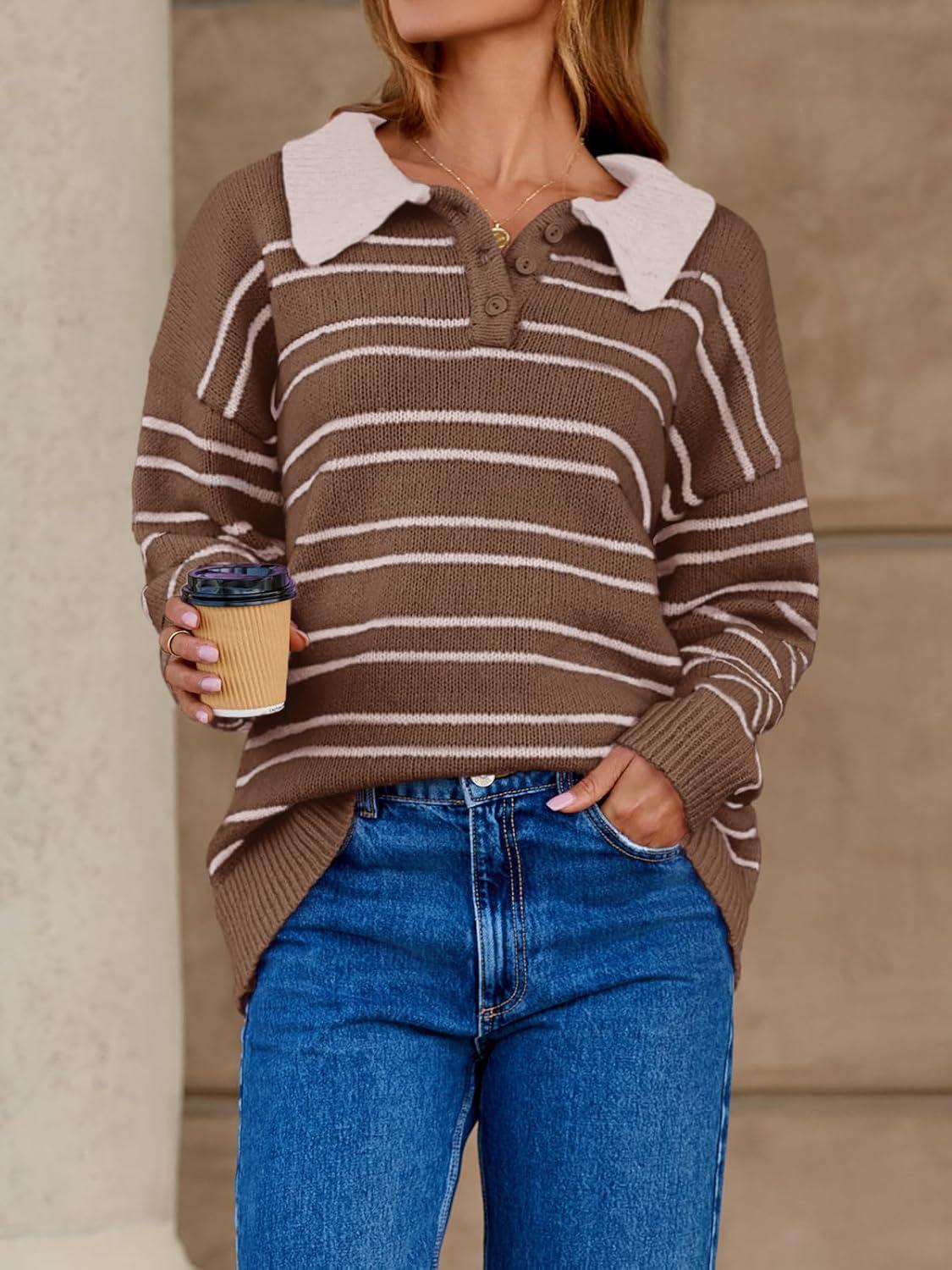 image:imageSaodimallsu Womens Striped Sweaters Button Collared Polo Shirts Oversized Long Sleeve Chunky Knit Trendy Pullover TopsBrown