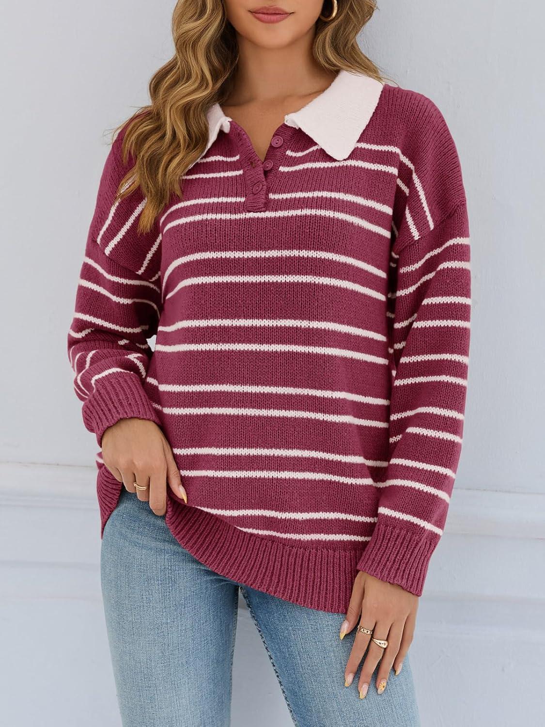 image:imageSaodimallsu Womens Striped Sweaters Button Collared Polo Shirts Oversized Long Sleeve Chunky Knit Trendy Pullover TopsBurgundy