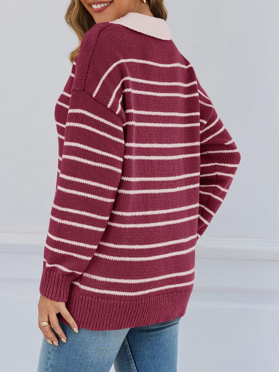 image:imageSaodimallsu Womens Striped Sweaters Button Collared Polo Shirts Oversized Long Sleeve Chunky Knit Trendy Pullover TopsBurgundy