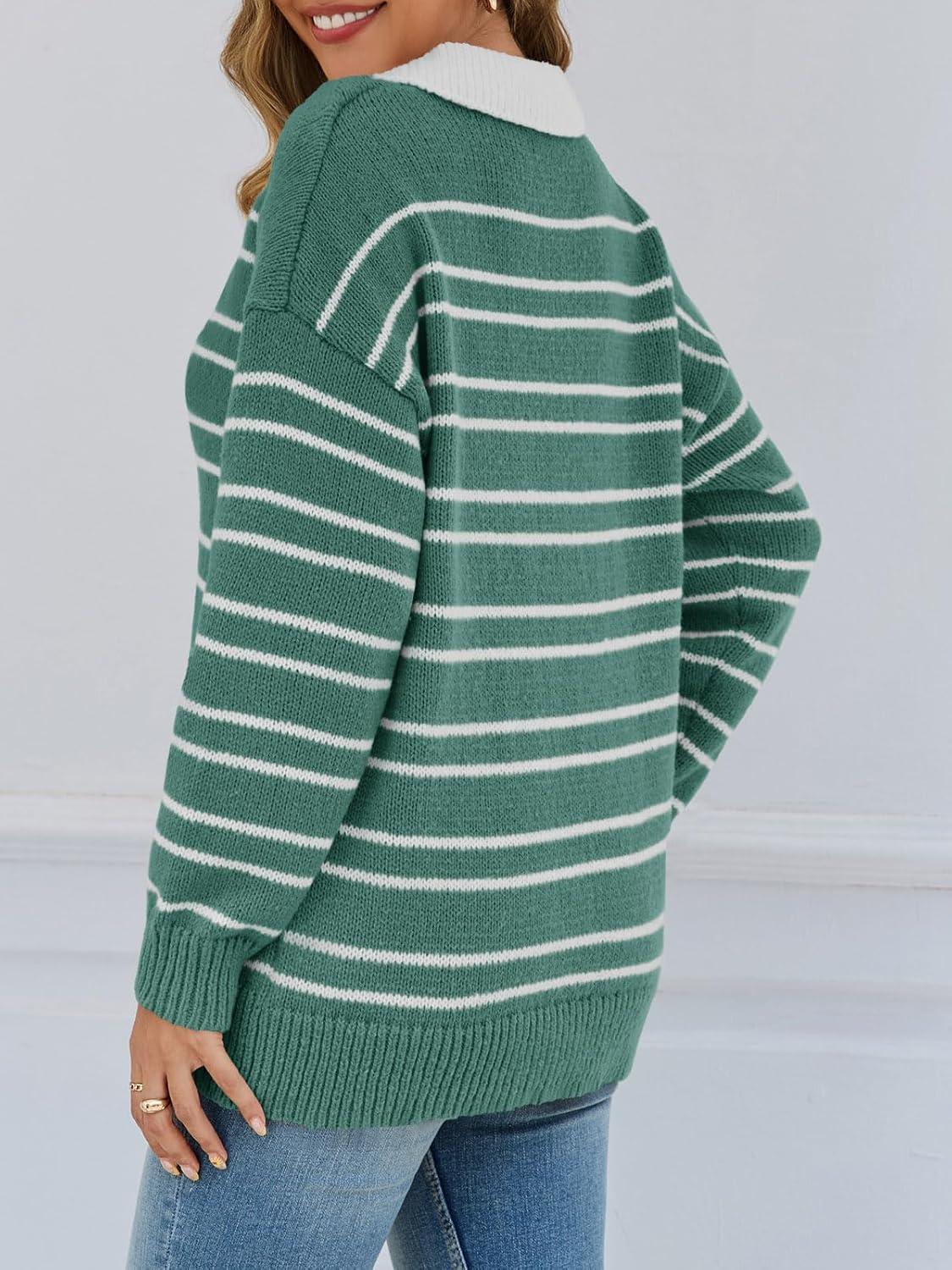 image:imageSaodimallsu Womens Striped Sweaters Button Collared Polo Shirts Oversized Long Sleeve Chunky Knit Trendy Pullover TopsGreen