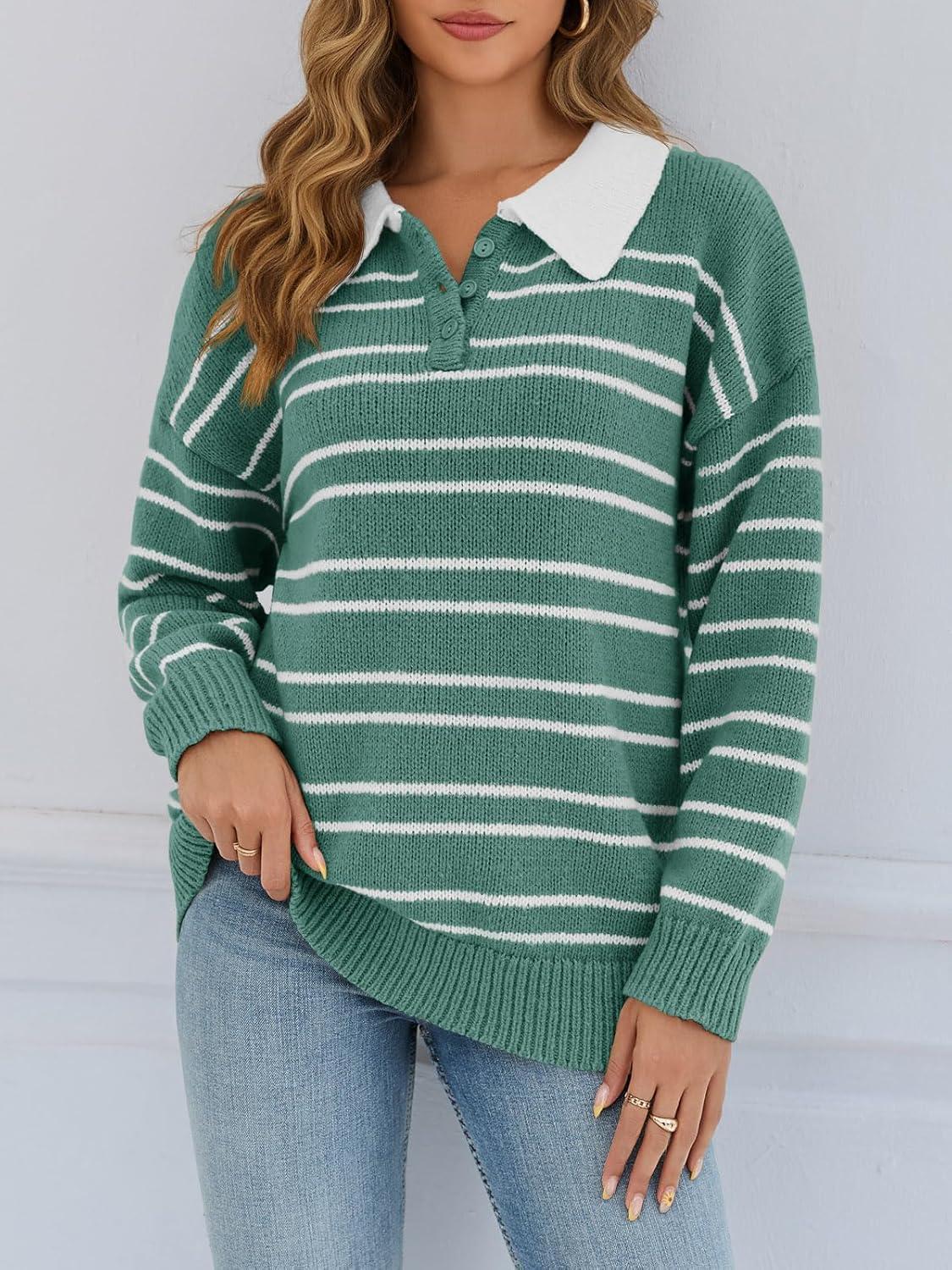 image:imageSaodimallsu Womens Striped Sweaters Button Collared Polo Shirts Oversized Long Sleeve Chunky Knit Trendy Pullover TopsGreen