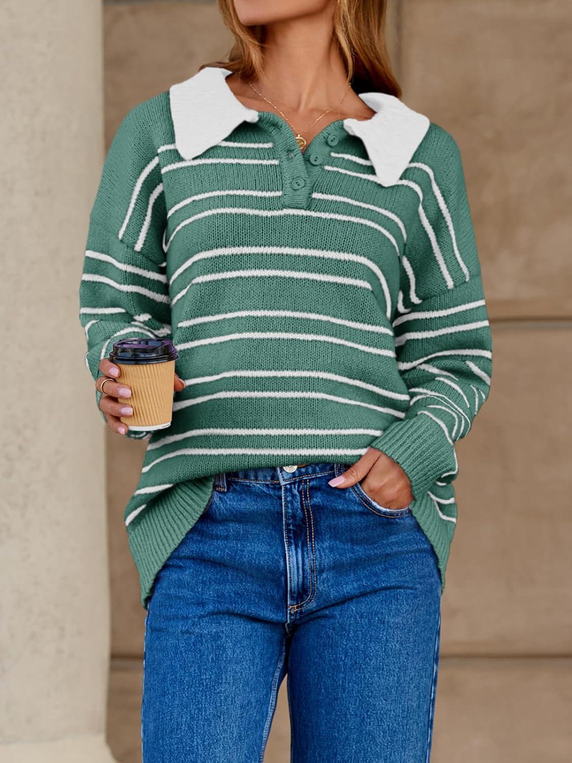 image:imageSaodimallsu Womens Striped Sweaters Button Collared Polo Shirts Oversized Long Sleeve Chunky Knit Trendy Pullover TopsGreen