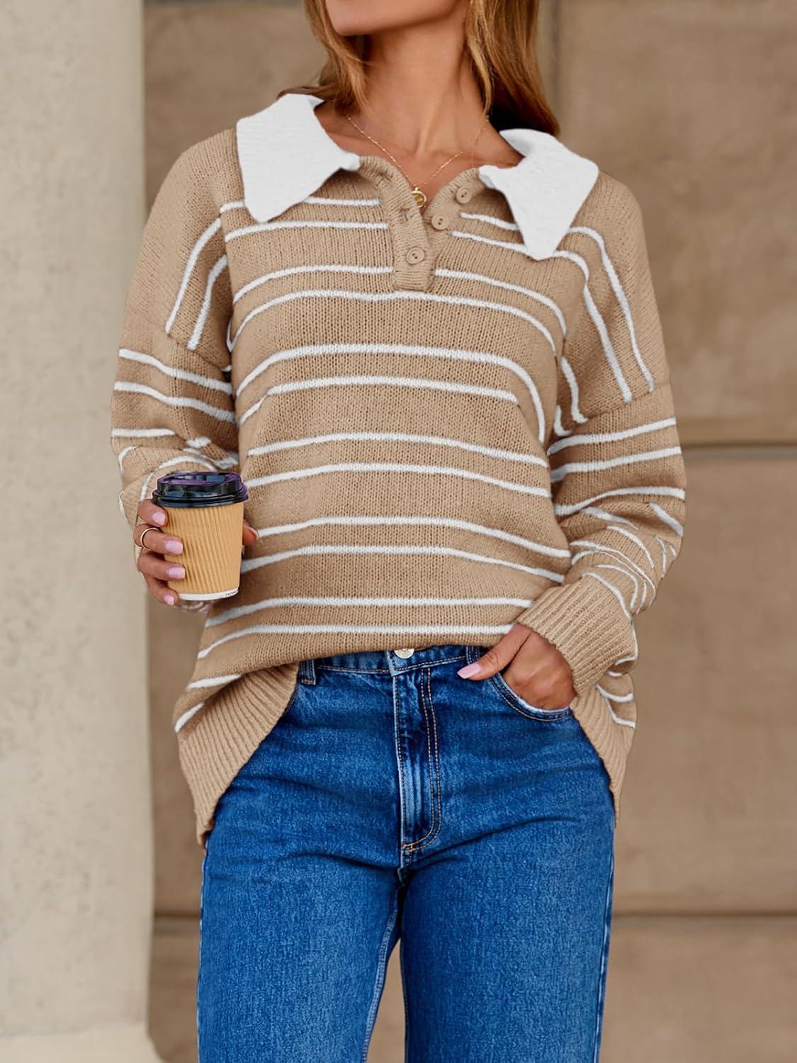 image:imageSaodimallsu Womens Striped Sweaters Button Collared Polo Shirts Oversized Long Sleeve Chunky Knit Trendy Pullover TopsKhaki