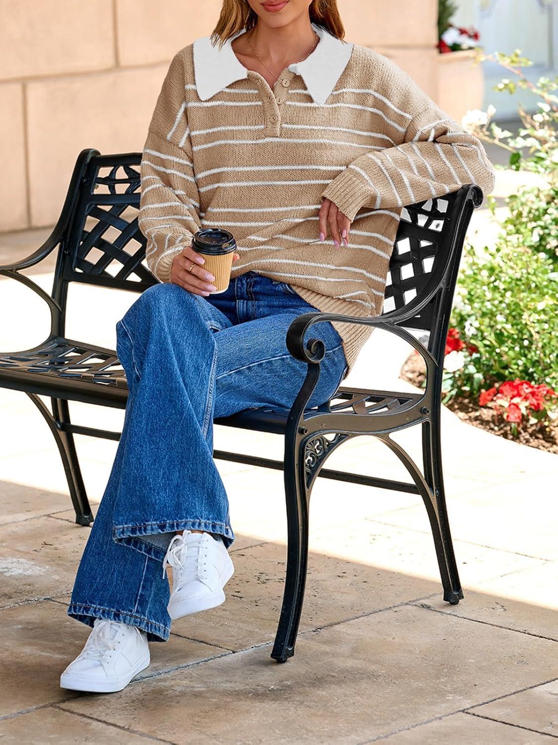 image:imageSaodimallsu Womens Striped Sweaters Button Collared Polo Shirts Oversized Long Sleeve Chunky Knit Trendy Pullover TopsKhaki