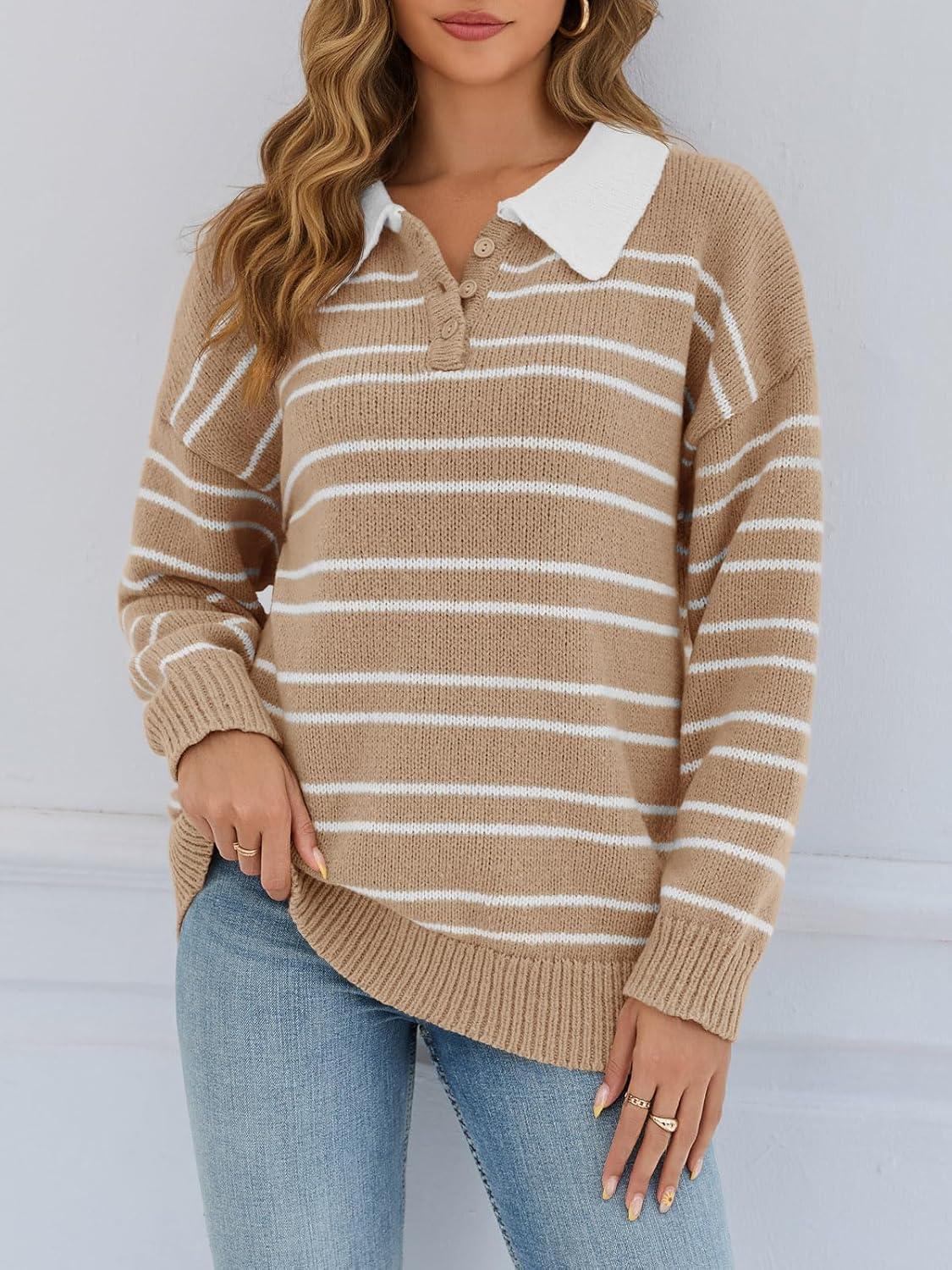 image:imageSaodimallsu Womens Striped Sweaters Button Collared Polo Shirts Oversized Long Sleeve Chunky Knit Trendy Pullover TopsKhaki
