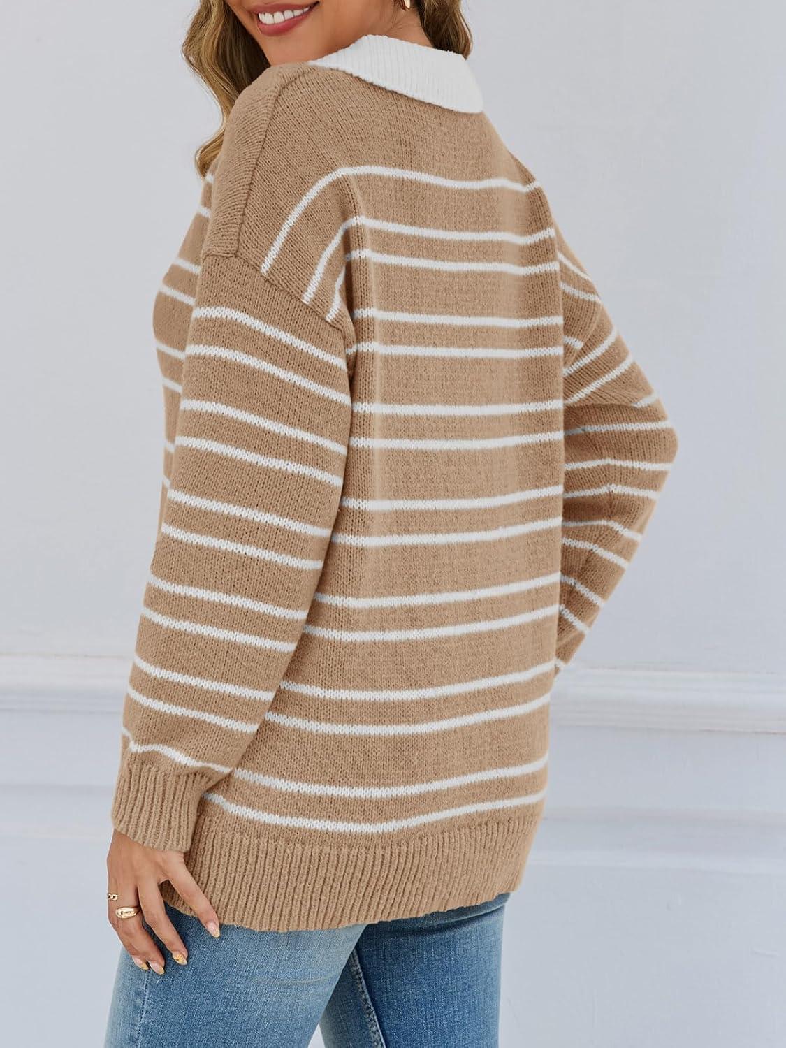 image:imageSaodimallsu Womens Striped Sweaters Button Collared Polo Shirts Oversized Long Sleeve Chunky Knit Trendy Pullover TopsKhaki