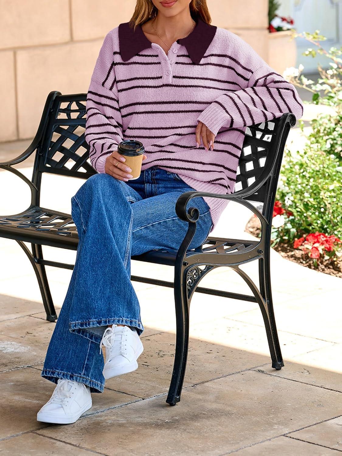 image:imageSaodimallsu Womens Striped Sweaters Button Collared Polo Shirts Oversized Long Sleeve Chunky Knit Trendy Pullover TopsPurple