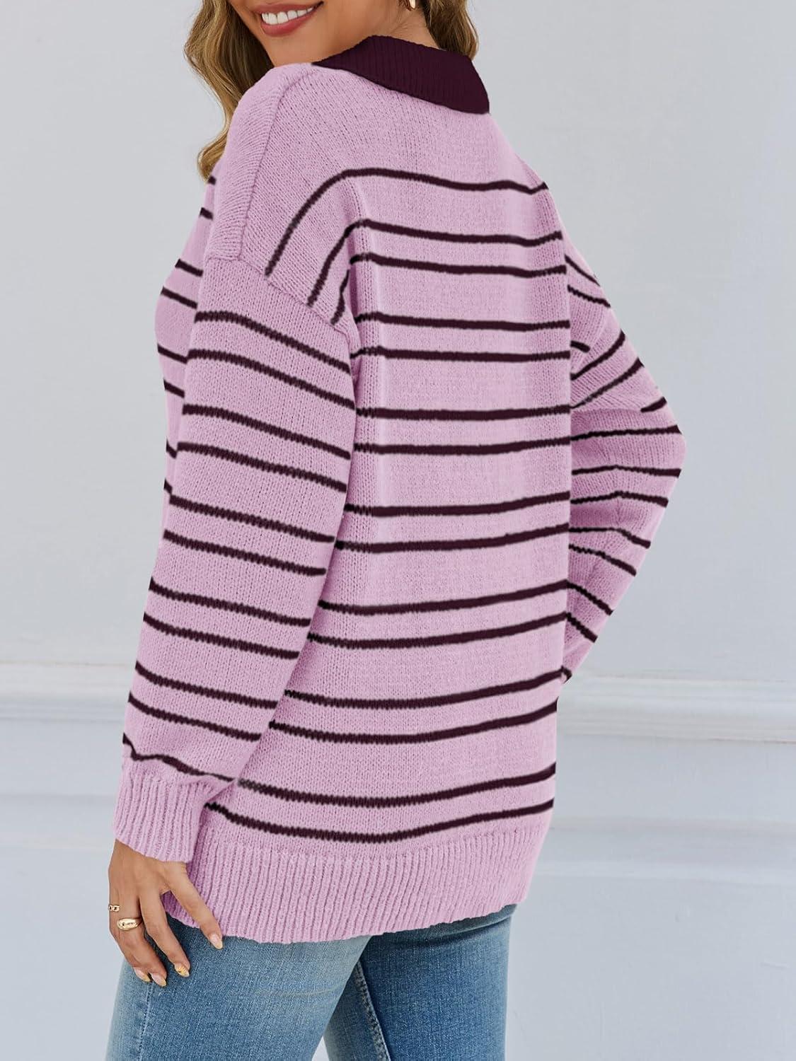 image:imageSaodimallsu Womens Striped Sweaters Button Collared Polo Shirts Oversized Long Sleeve Chunky Knit Trendy Pullover TopsPurple