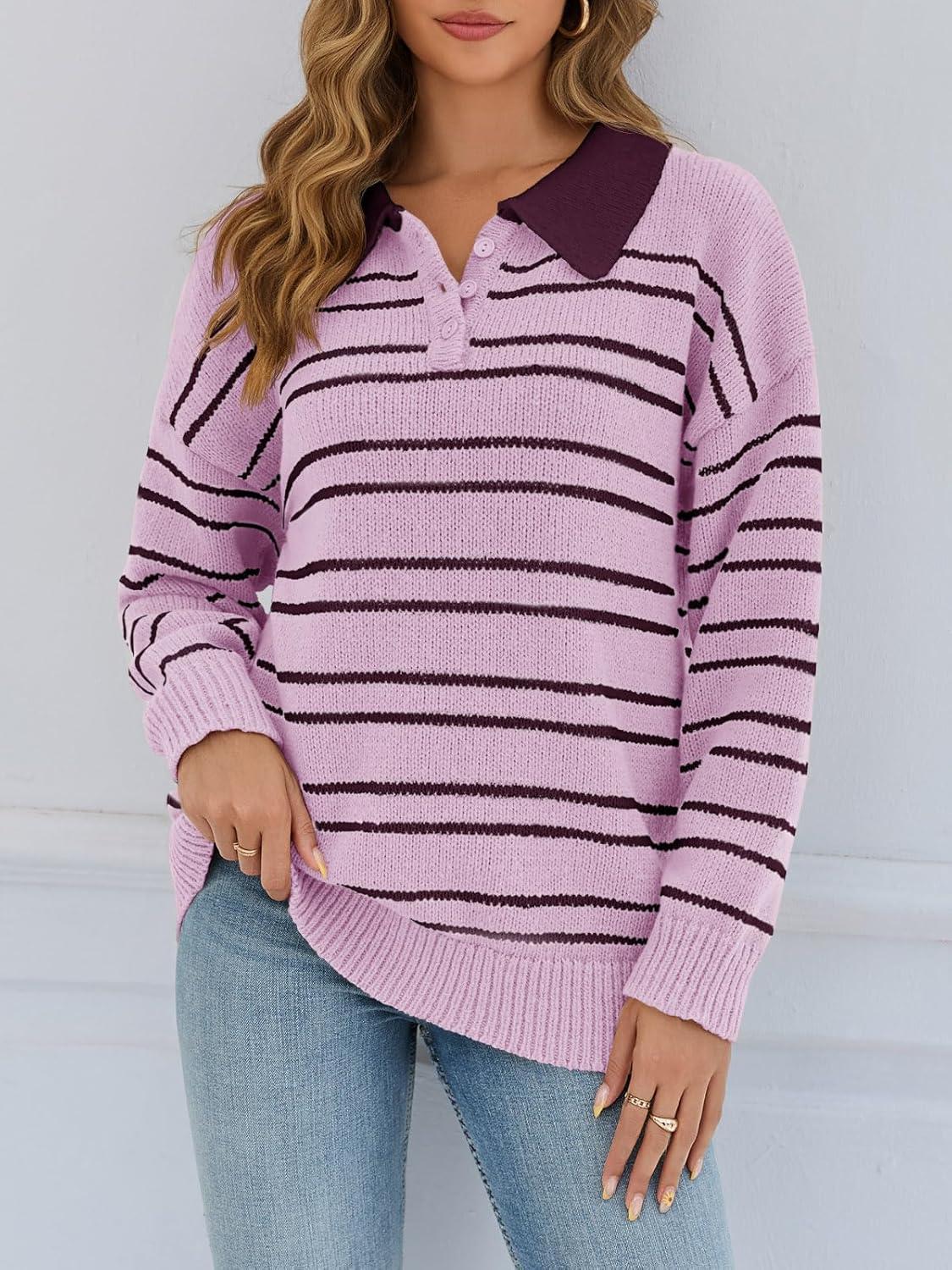 image:imageSaodimallsu Womens Striped Sweaters Button Collared Polo Shirts Oversized Long Sleeve Chunky Knit Trendy Pullover TopsPurple