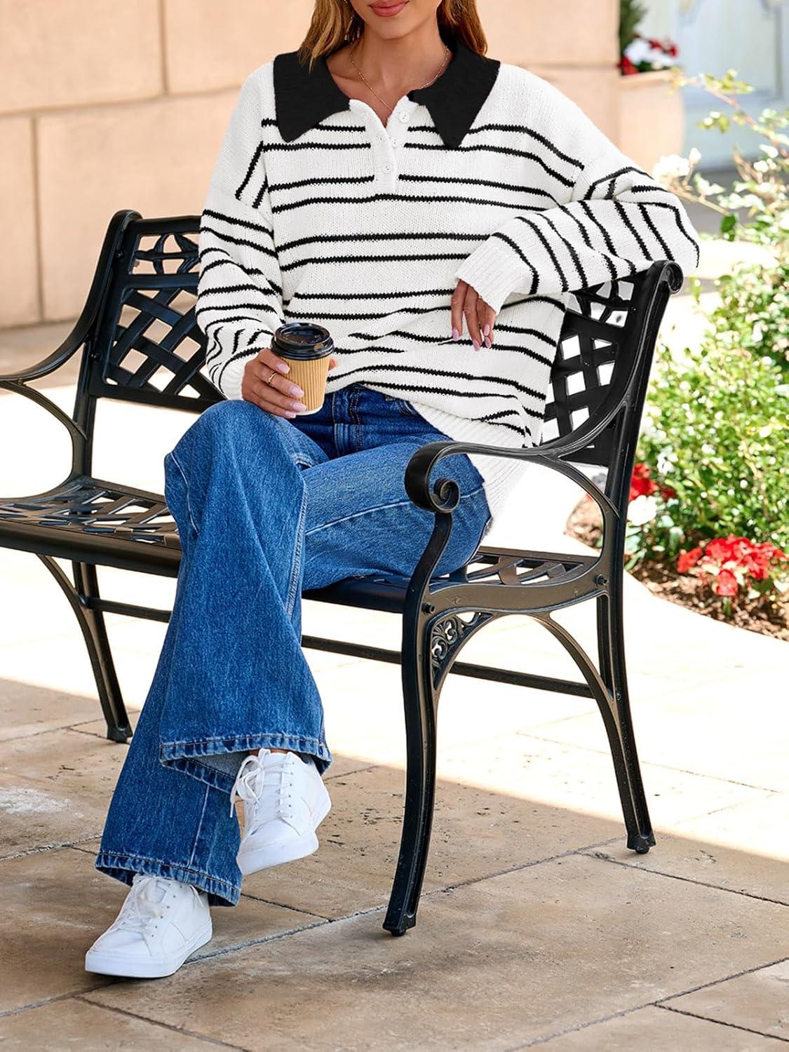 image:imageSaodimallsu Womens Striped Sweaters Button Collared Polo Shirts Oversized Long Sleeve Chunky Knit Trendy Pullover TopsWhite
