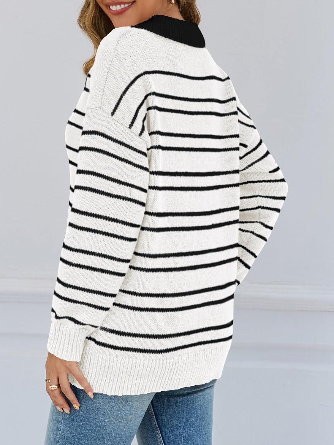 image:imageSaodimallsu Womens Striped Sweaters Button Collared Polo Shirts Oversized Long Sleeve Chunky Knit Trendy Pullover TopsWhite
