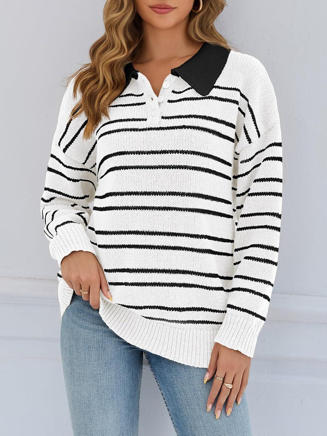 image:imageSaodimallsu Womens Striped Sweaters Button Collared Polo Shirts Oversized Long Sleeve Chunky Knit Trendy Pullover TopsWhite