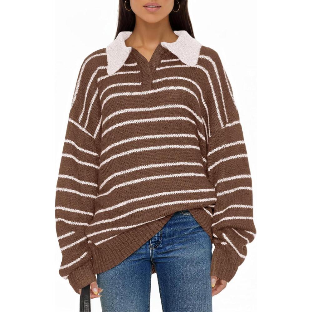 image:imageSaodimallsu Womens Striped Sweaters Button Collared Polo Shirts Oversized Long Sleeve Chunky Knit Trendy Pullover TopsBrown
