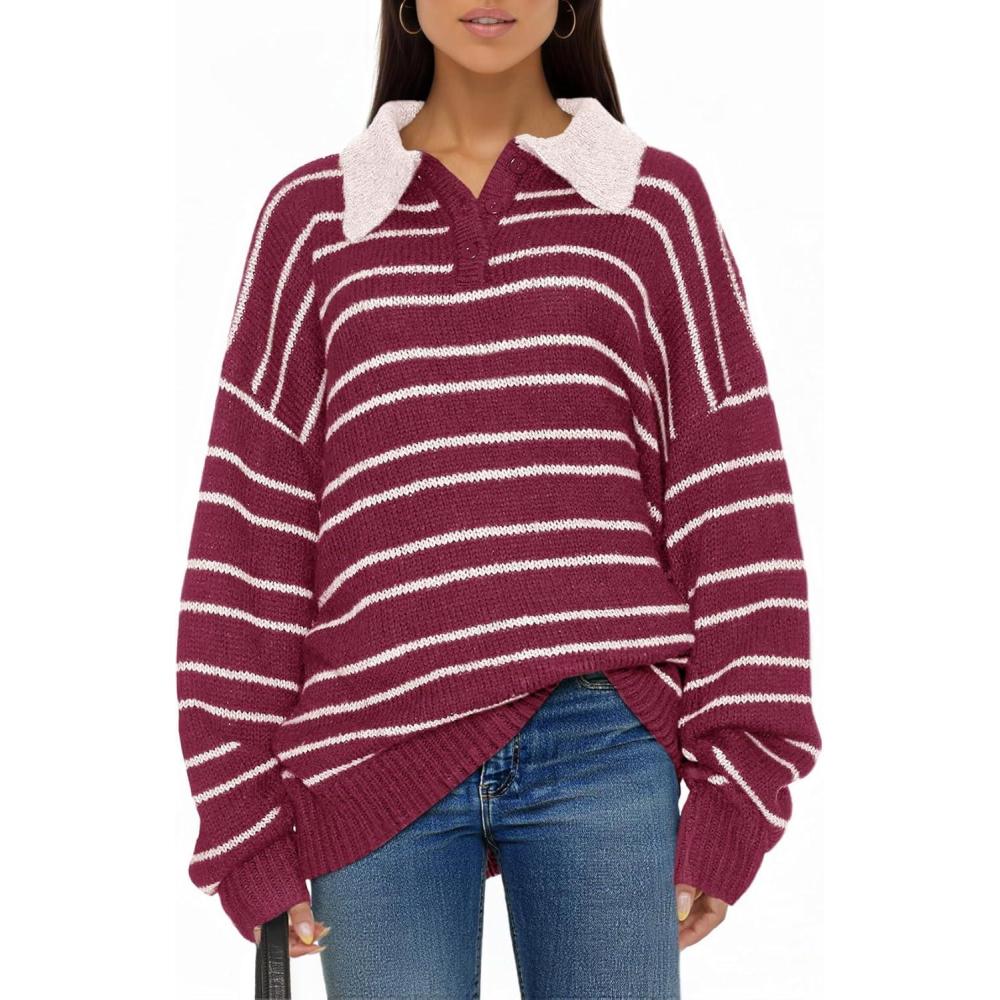 image:imageSaodimallsu Womens Striped Sweaters Button Collared Polo Shirts Oversized Long Sleeve Chunky Knit Trendy Pullover TopsBurgundy