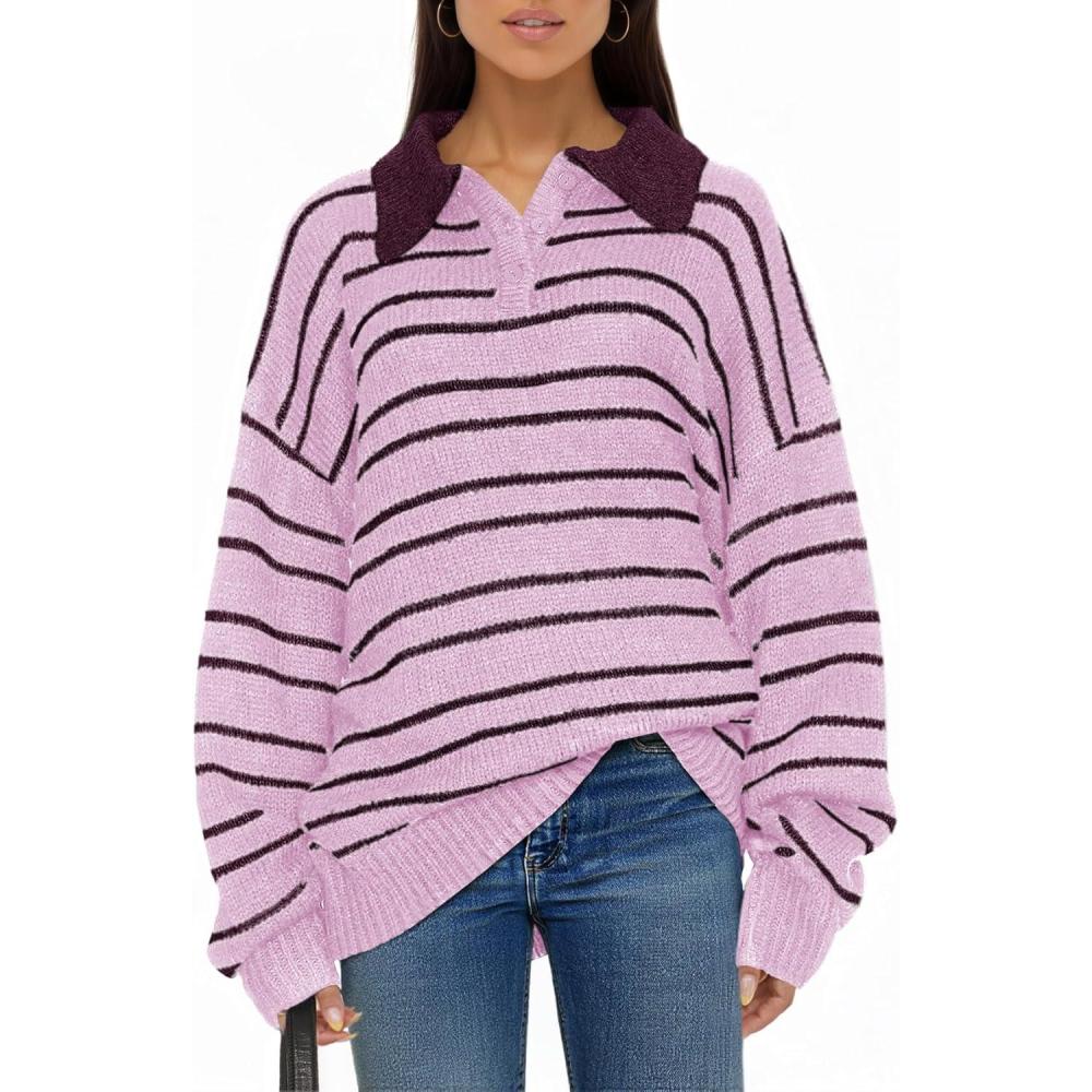 image:imageSaodimallsu Womens Striped Sweaters Button Collared Polo Shirts Oversized Long Sleeve Chunky Knit Trendy Pullover TopsPurple