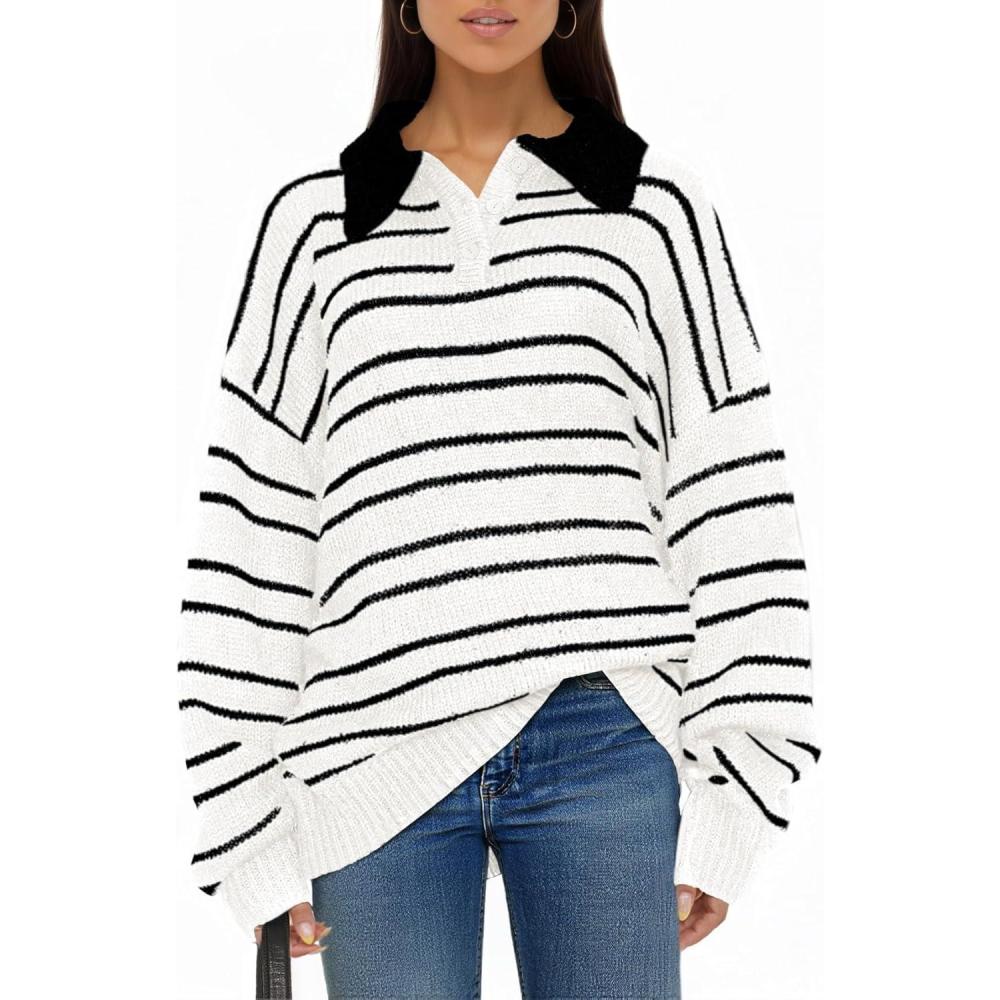 image:imageSaodimallsu Womens Striped Sweaters Button Collared Polo Shirts Oversized Long Sleeve Chunky Knit Trendy Pullover TopsWhite