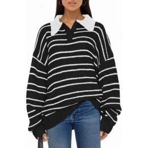 Saodimallsu Womens Striped Sweaters Button Collared Polo Shirts Oversized Long Sleeve Chunky Knit Trendy Pullover Tops(Black)