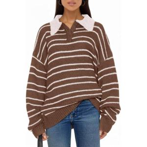 Saodimallsu Womens Striped Sweaters Button Collared Polo Shirts Oversized Long Sleeve Chunky Knit Trendy Pullover Tops(Brown)