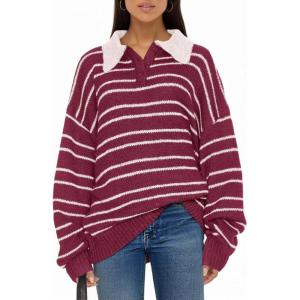 Saodimallsu Womens Striped Sweaters Button Collared Polo Shirts Oversized Long Sleeve Chunky Knit Trendy Pullover Tops(Burgundy)