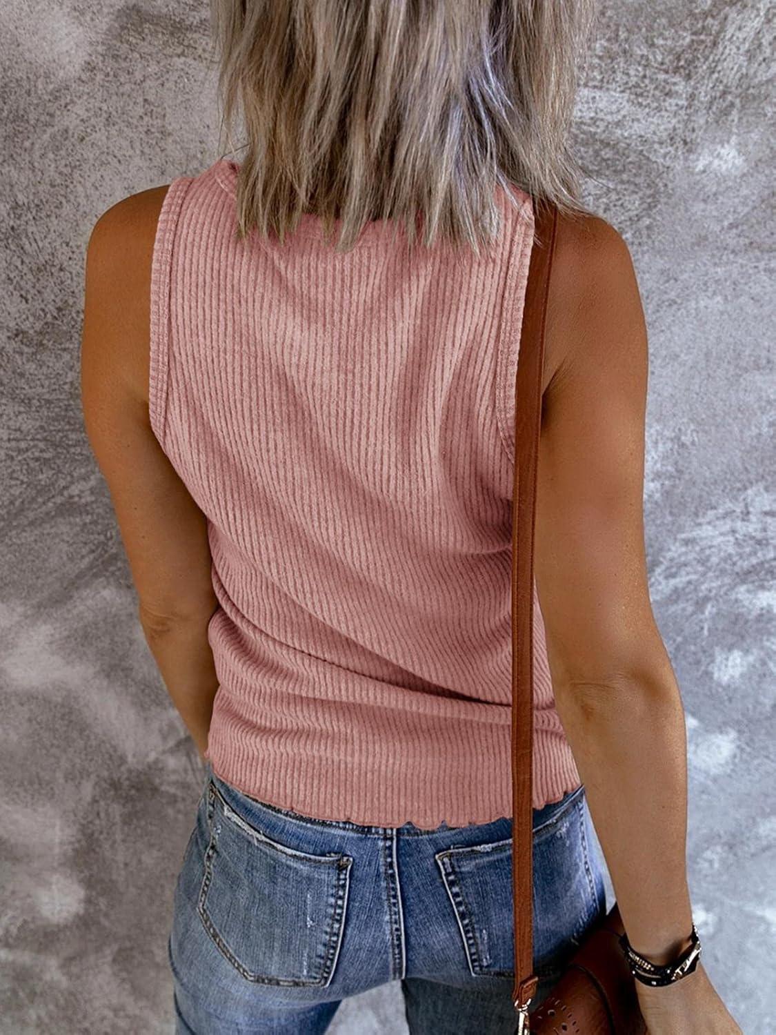 image:imageSaodimallsu Womens V Neck Tank Tops Summer Ribbed Sleeveless Henley Shirts Casual Loose Button Up Cami Knit TeesDark Pink
