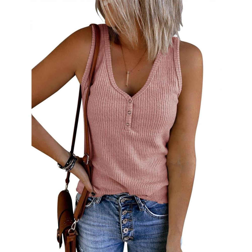 image:imageSaodimallsu Womens V Neck Tank Tops Summer Ribbed Sleeveless Henley Shirts Casual Loose Button Up Cami Knit TeesDark Pink