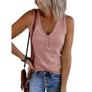 Saodimallsu Womens V Neck Tank Tops Summer Ribbed Sleeveless Henley Shirts Casual Loose Button Up Cami Knit Tees(Dark Pink)