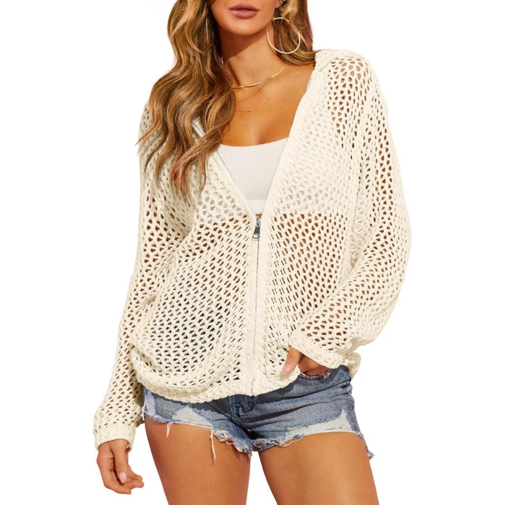image:imageSaodimallsu Womens Crochet Lightweight Cardigans Zip Up Hooded Long Sleeve Knit Sweaters Mesh Beach Swim Cover UpBeige