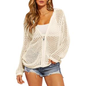 Saodimallsu Womens Crochet Lightweight Cardigans Zip Up Hooded Long Sleeve Knit Sweaters Mesh Beach Swim Cover Up(Beige)