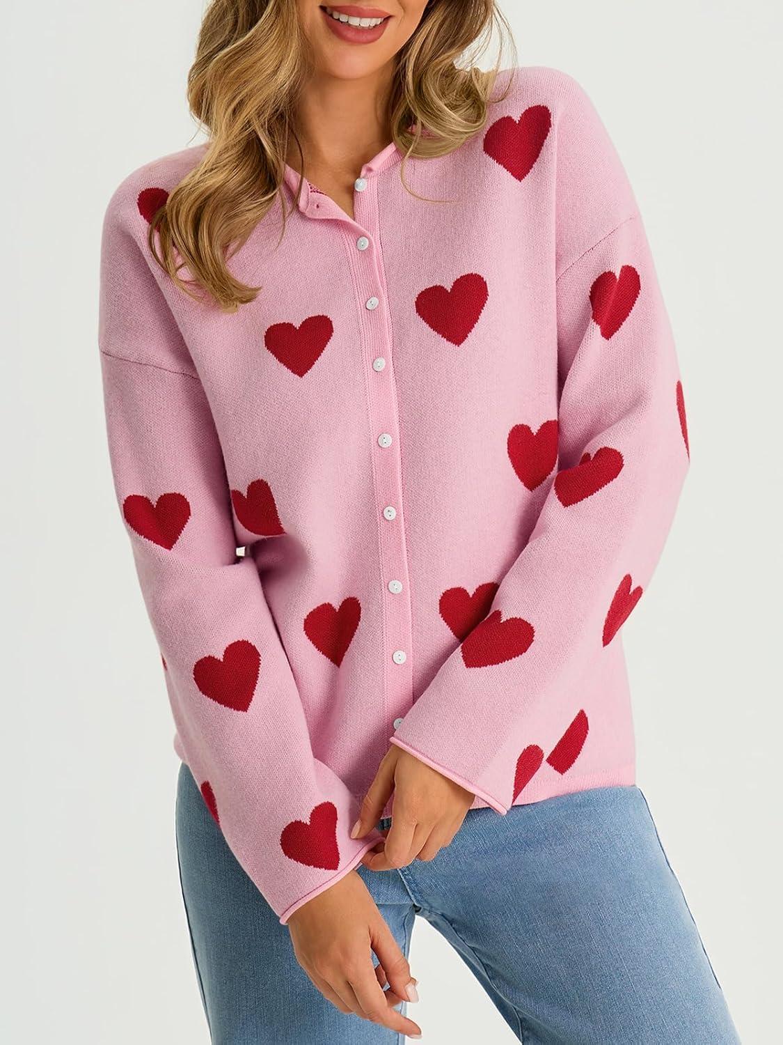 image:imageSaodimallsu Womens Button Up Cardigan Sweaters Long Sleeve Crew Neck Fall Soft Lightweight Knit Loose Sweater TopsHeartlight Pinka