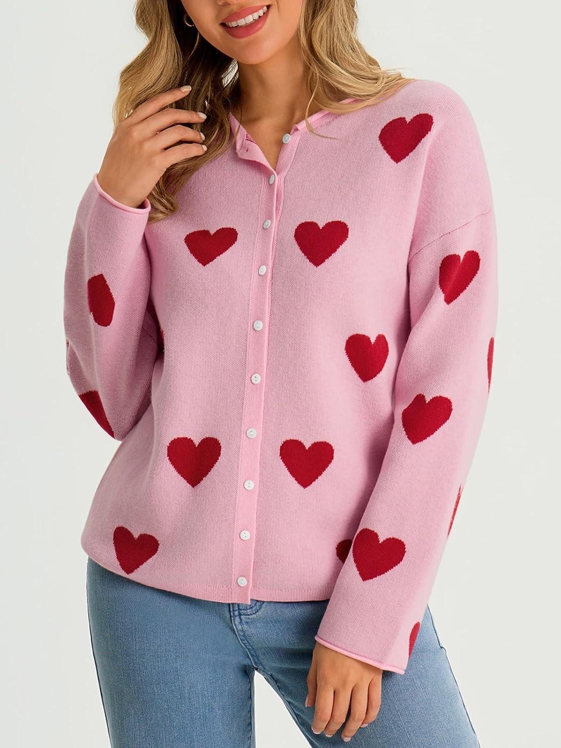 image:imageSaodimallsu Womens Button Up Cardigan Sweaters Long Sleeve Crew Neck Fall Soft Lightweight Knit Loose Sweater TopsHeartlight Pinka