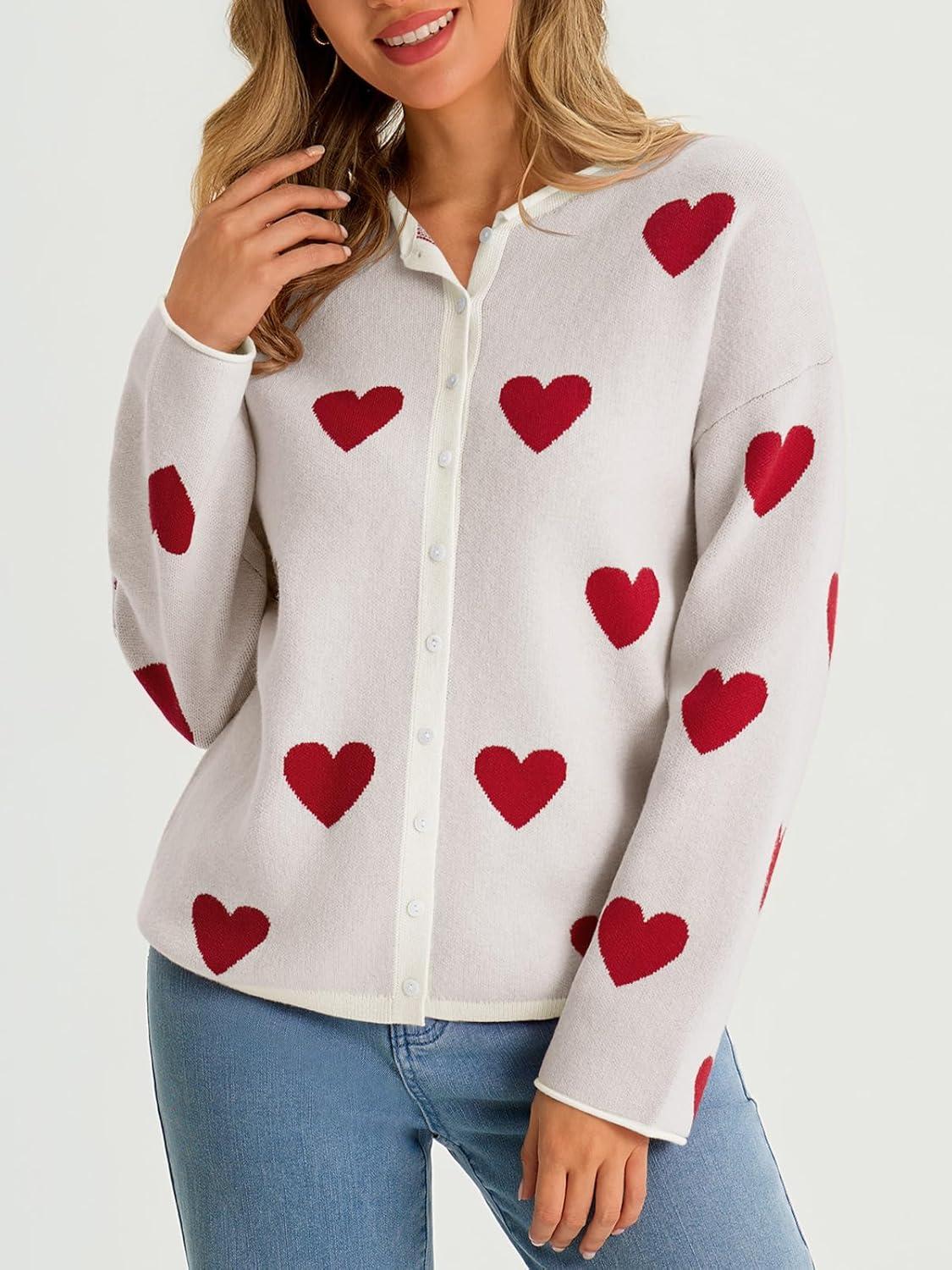 image:imageSaodimallsu Womens Button Up Cardigan Sweaters Long Sleeve Crew Neck Fall Soft Lightweight Knit Loose Sweater TopsHeartwhite