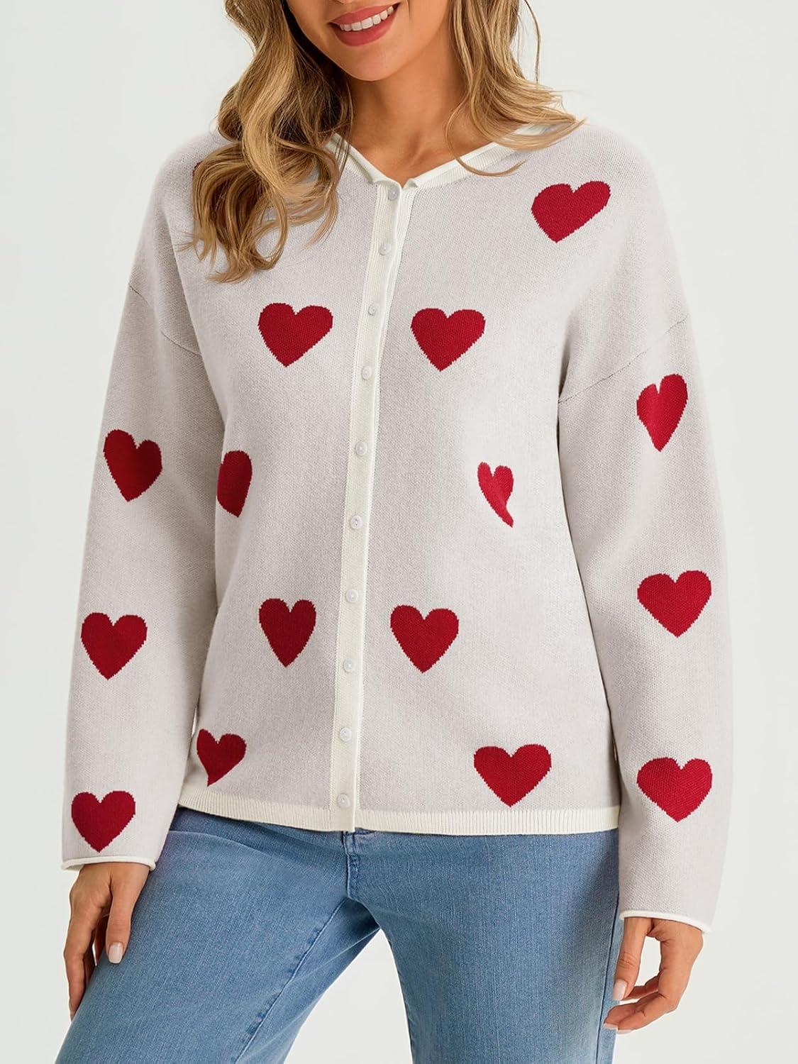 image:imageSaodimallsu Womens Button Up Cardigan Sweaters Long Sleeve Crew Neck Fall Soft Lightweight Knit Loose Sweater TopsHeartwhite