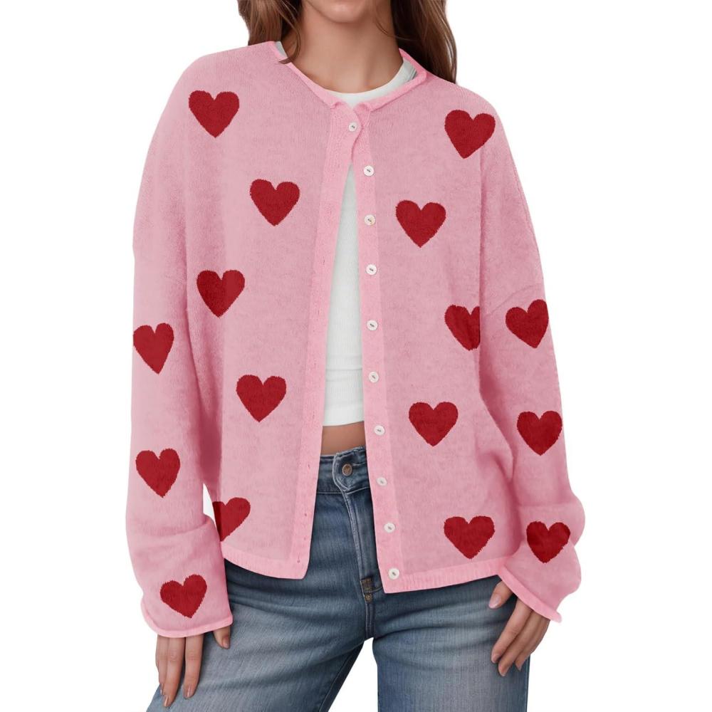 image:imageSaodimallsu Womens Button Up Cardigan Sweaters Long Sleeve Crew Neck Fall Soft Lightweight Knit Loose Sweater TopsHeartlight Pinka