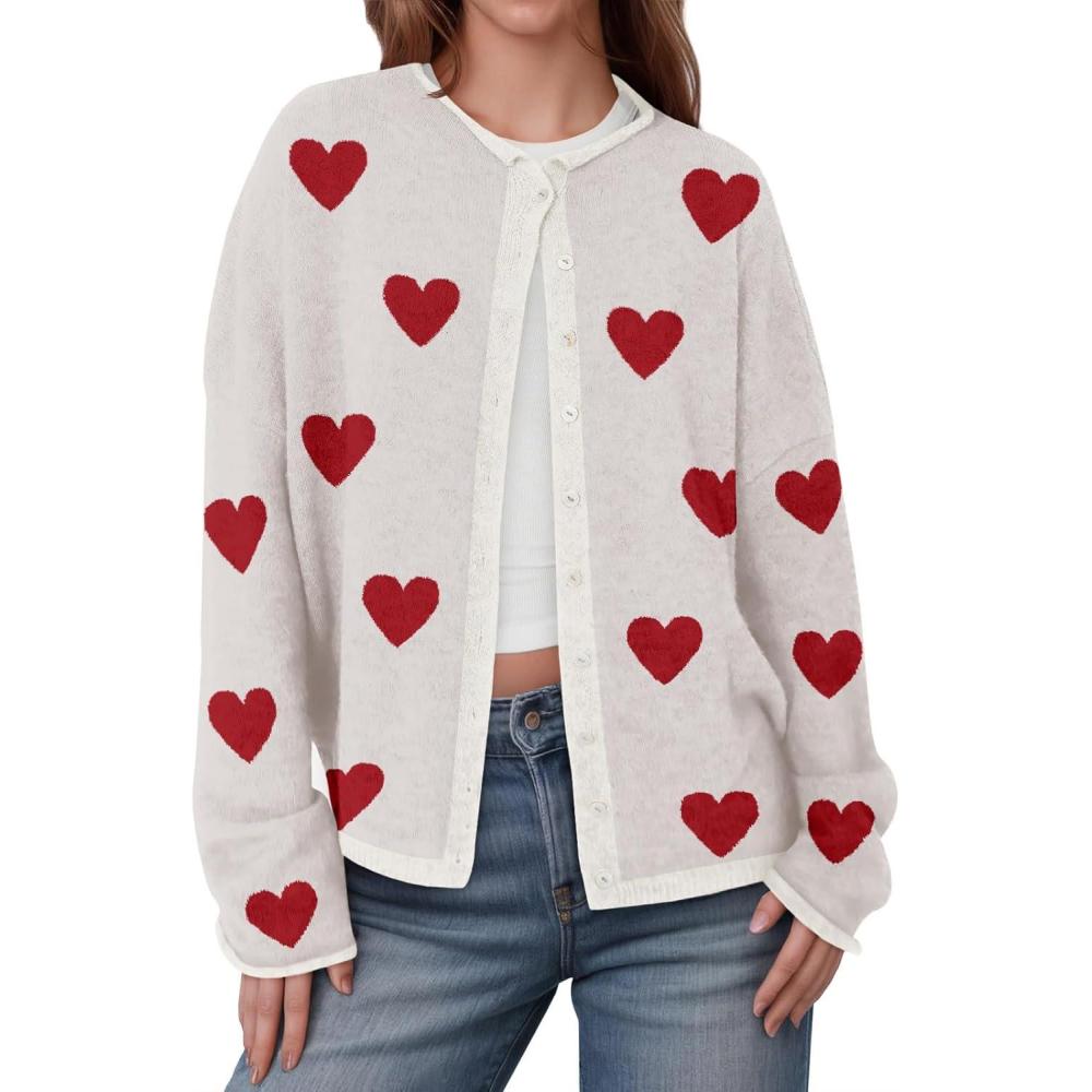 image:imageSaodimallsu Womens Button Up Cardigan Sweaters Long Sleeve Crew Neck Fall Soft Lightweight Knit Loose Sweater TopsHeartwhite