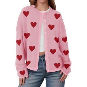 Saodimallsu Womens Button Up Cardigan Sweaters Long Sleeve Crew Neck Fall Soft Lightweight Knit Loose Sweater Tops(Heart-light Pink-a)