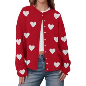 Saodimallsu Womens Button Up Cardigan Sweaters Long Sleeve Crew Neck Fall Soft Lightweight Knit Loose Sweater Tops(Heart-red-a)