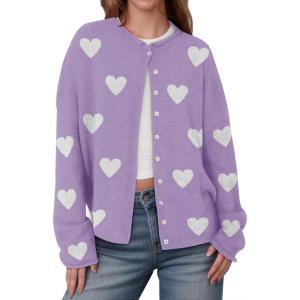 Saodimallsu Womens Button Up Cardigan Sweaters Long Sleeve Crew Neck Fall Soft Lightweight Knit Loose Sweater Tops(Heart-violet)