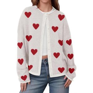 Saodimallsu Womens Button Up Cardigan Sweaters Long Sleeve Crew Neck Fall Soft Lightweight Knit Loose Sweater Tops(Heart-white)