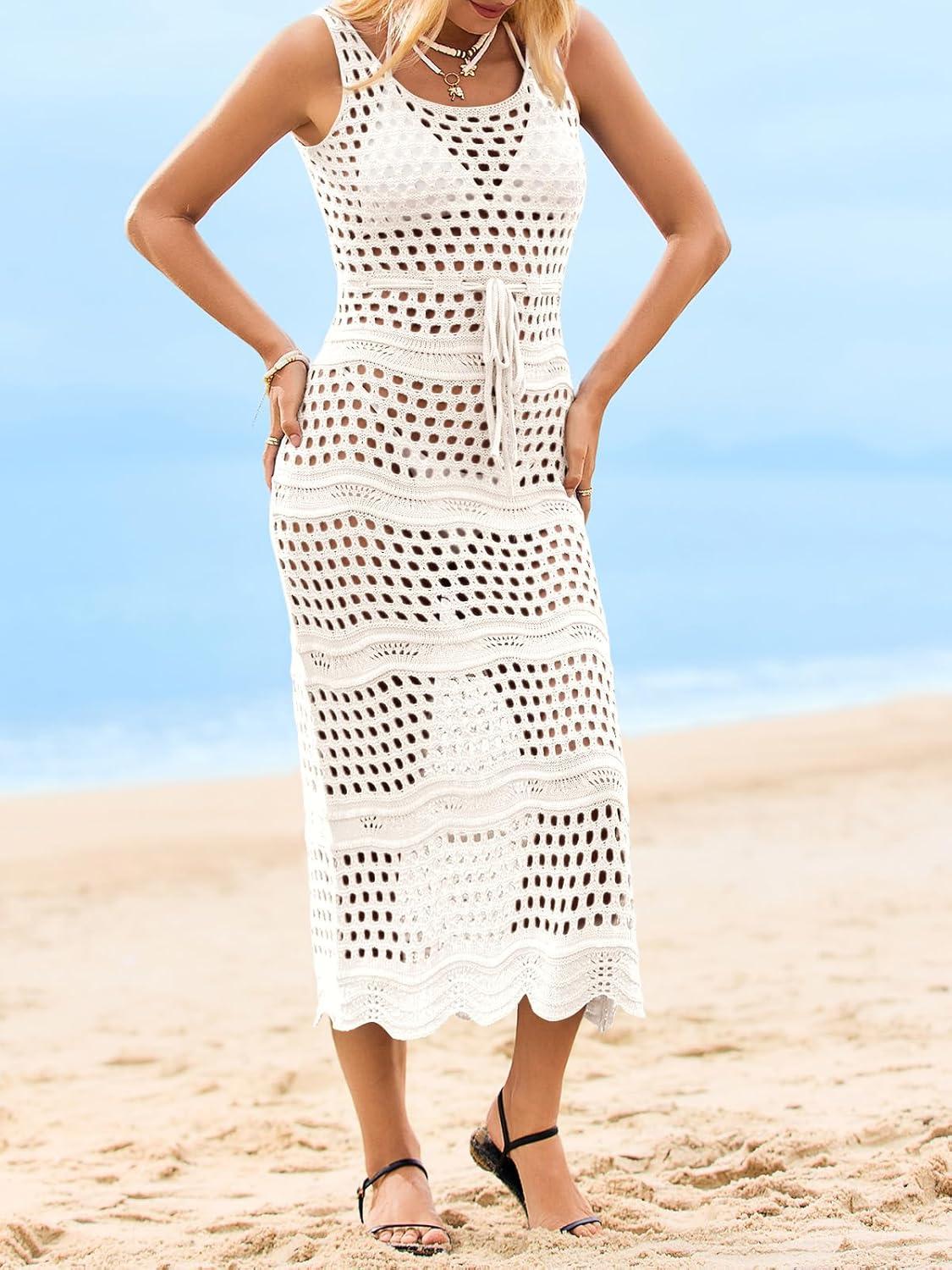 image:imageSaodimallsu Womens Crochet Beach Cover Up Dress Sleeveless Scoop Neck Drawstring Long Dresses Summer Vacation OutfitsWhite