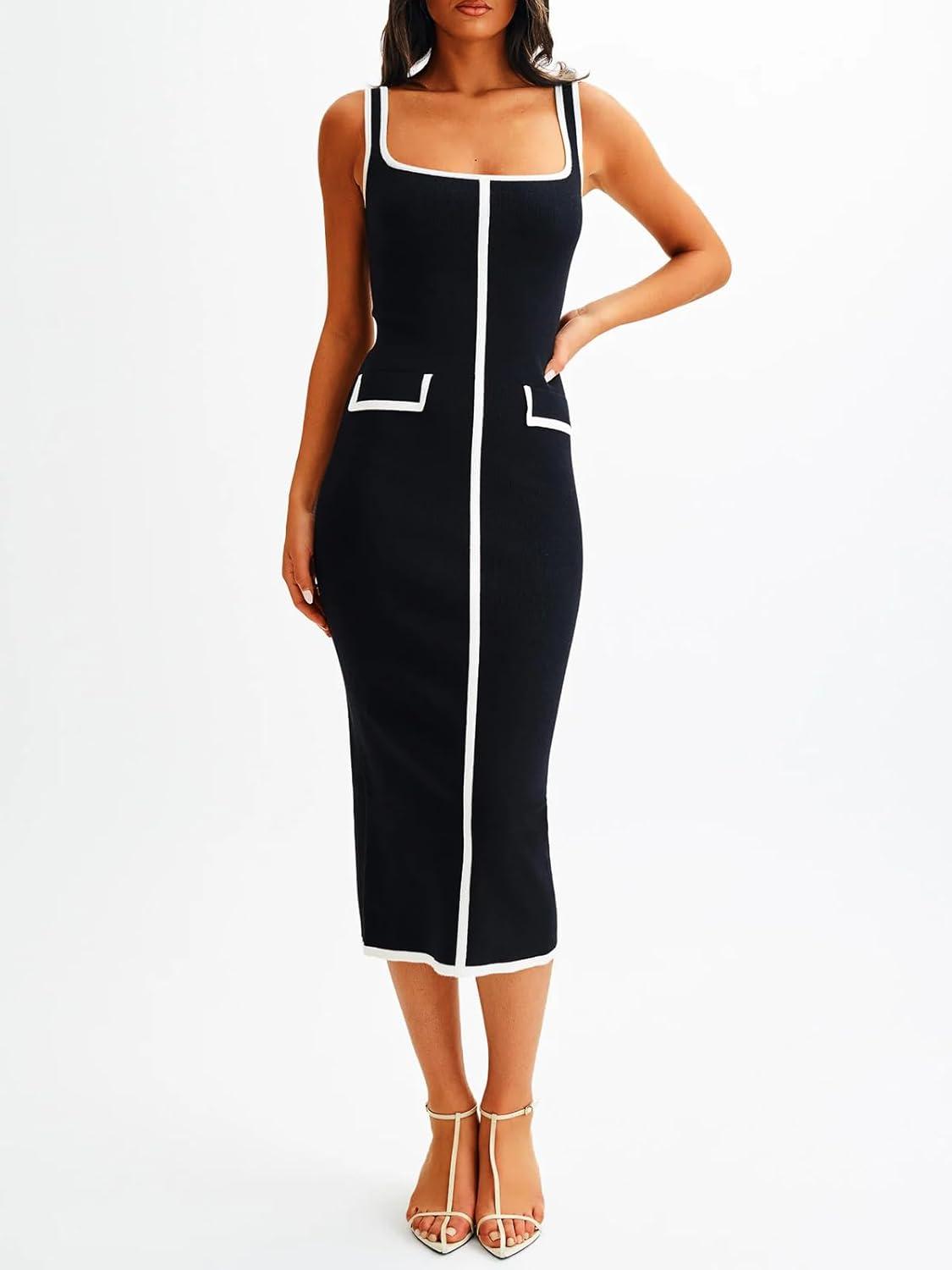 image:imageSaodimallsu Womens Summer Sleeveless Midi Dress Square Neck Knit Cocktail Bodycon Color Block Tank DressesBlack