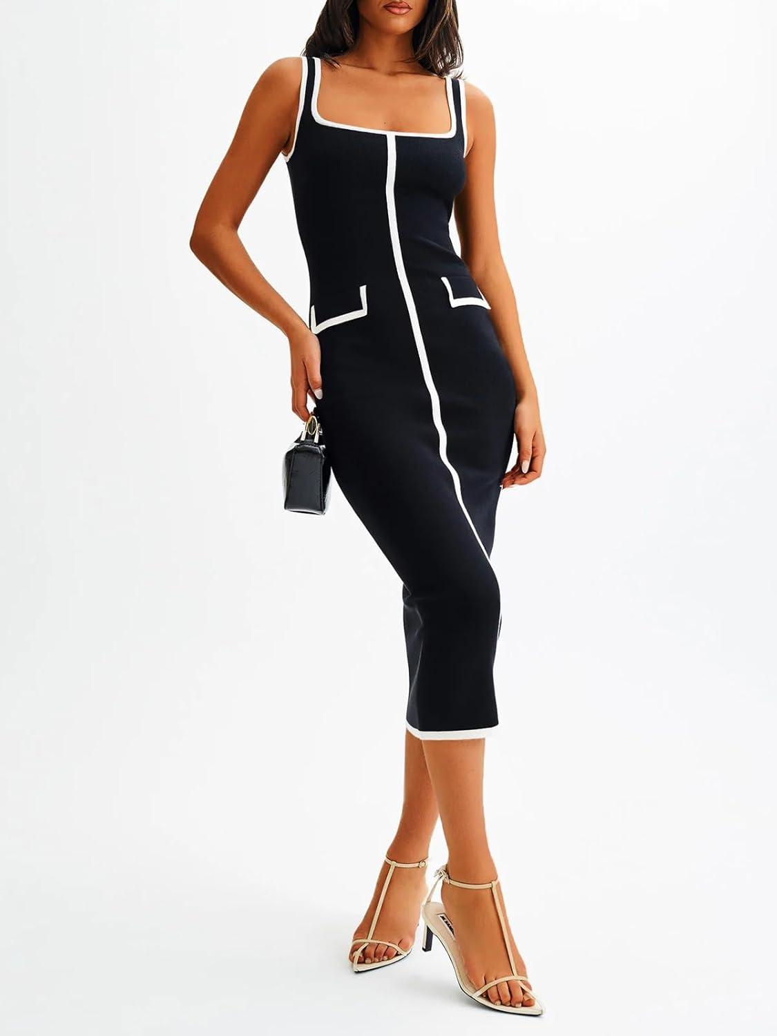 image:imageSaodimallsu Womens Summer Sleeveless Midi Dress Square Neck Knit Cocktail Bodycon Color Block Tank DressesBlack