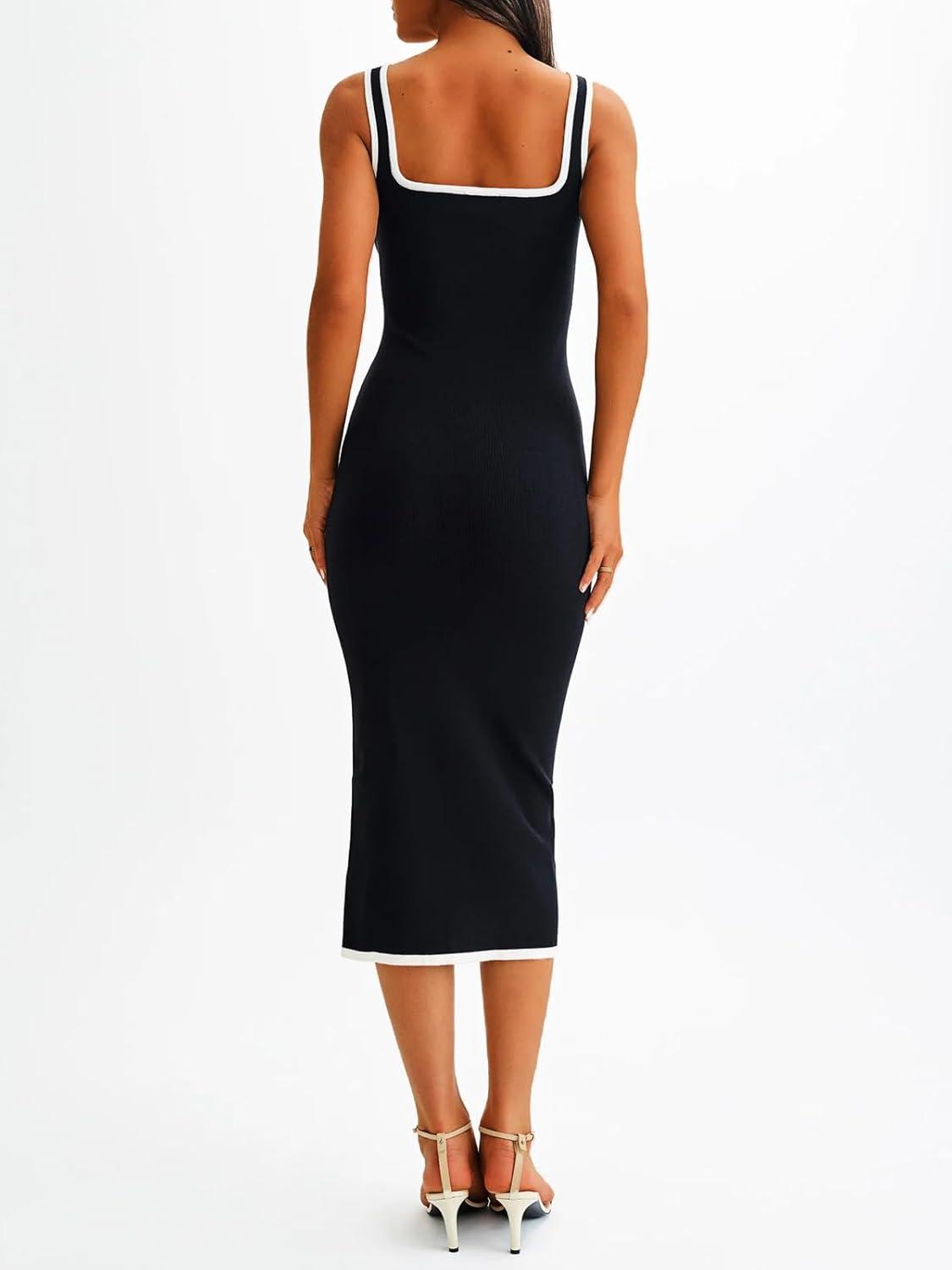 image:imageSaodimallsu Womens Summer Sleeveless Midi Dress Square Neck Knit Cocktail Bodycon Color Block Tank DressesBlack