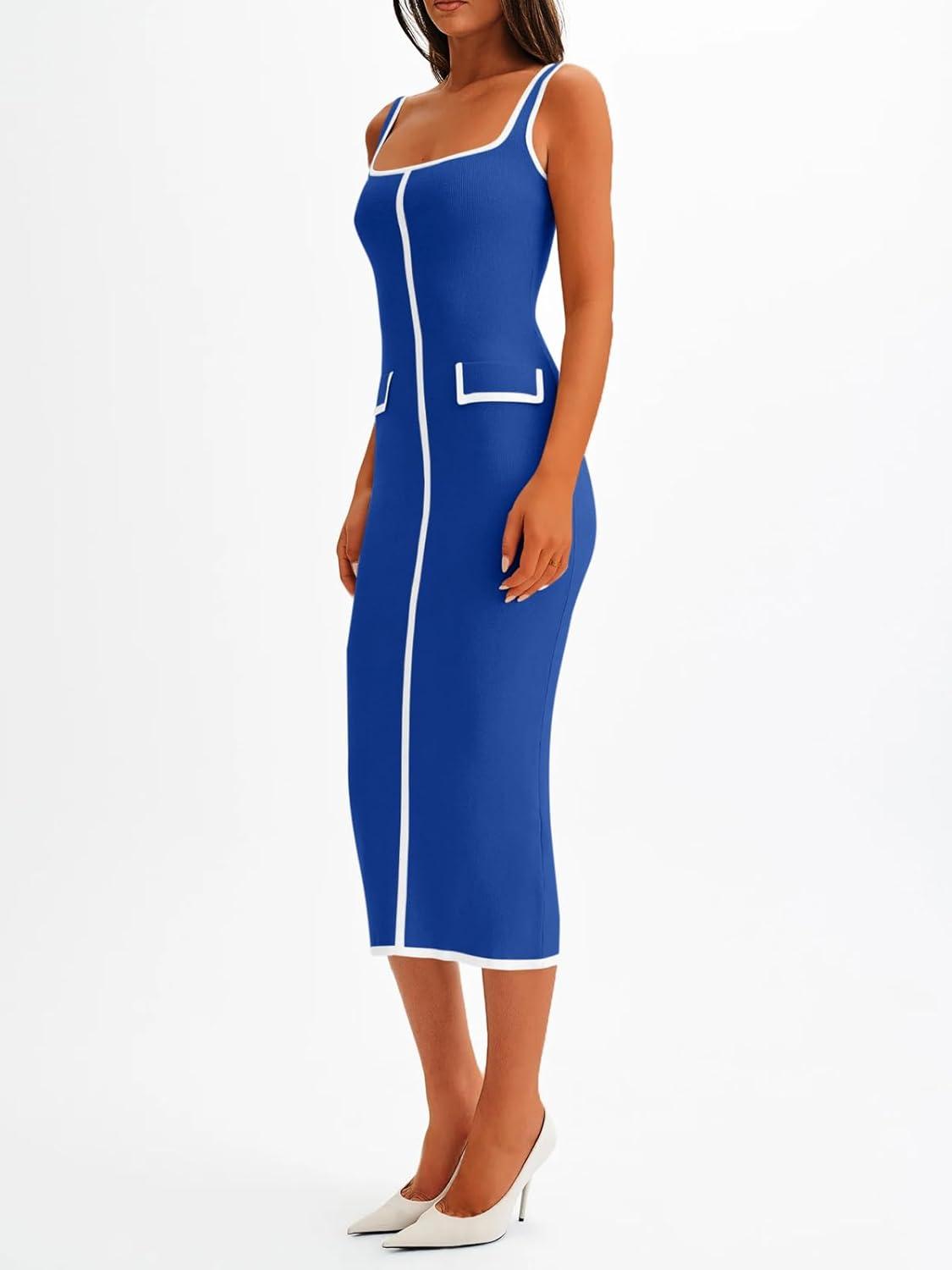image:imageSaodimallsu Womens Summer Sleeveless Midi Dress Square Neck Knit Cocktail Bodycon Color Block Tank DressesBlue