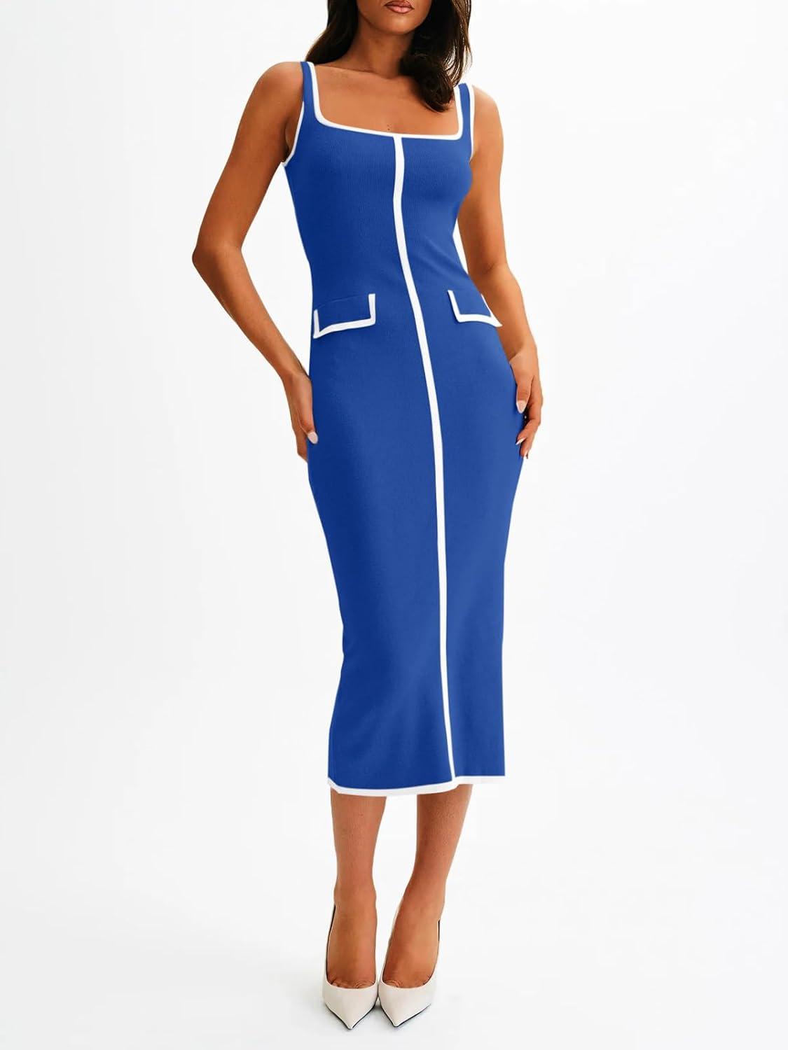 image:imageSaodimallsu Womens Summer Sleeveless Midi Dress Square Neck Knit Cocktail Bodycon Color Block Tank DressesBlue