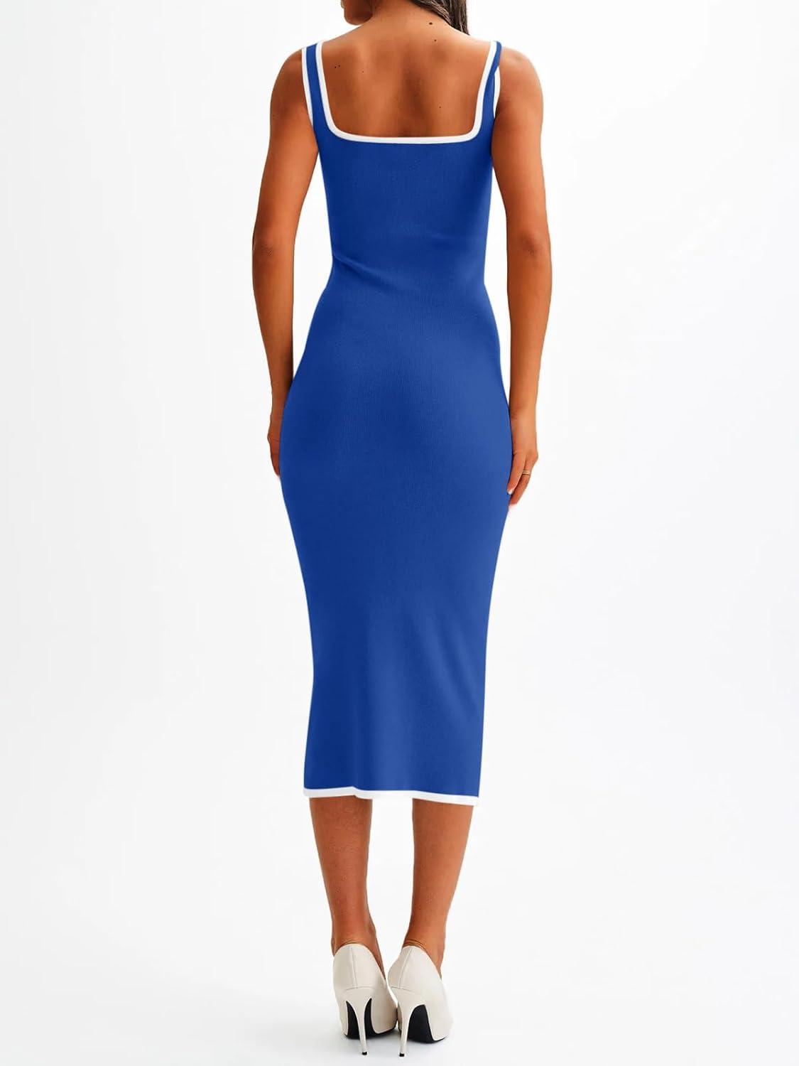 image:imageSaodimallsu Womens Summer Sleeveless Midi Dress Square Neck Knit Cocktail Bodycon Color Block Tank DressesBlue