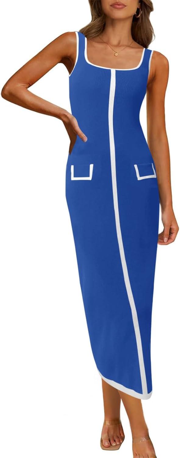 image:imageSaodimallsu Womens Summer Sleeveless Midi Dress Square Neck Knit Cocktail Bodycon Color Block Tank DressesBlue