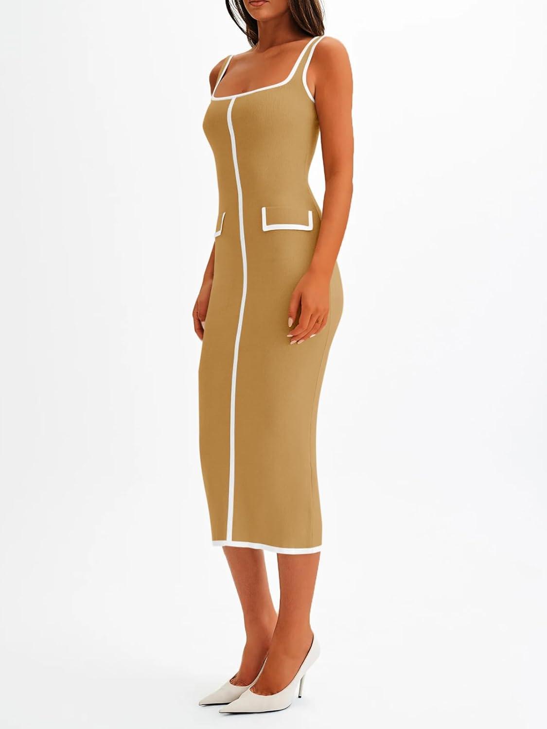 image:imageSaodimallsu Womens Summer Sleeveless Midi Dress Square Neck Knit Cocktail Bodycon Color Block Tank DressesBrown