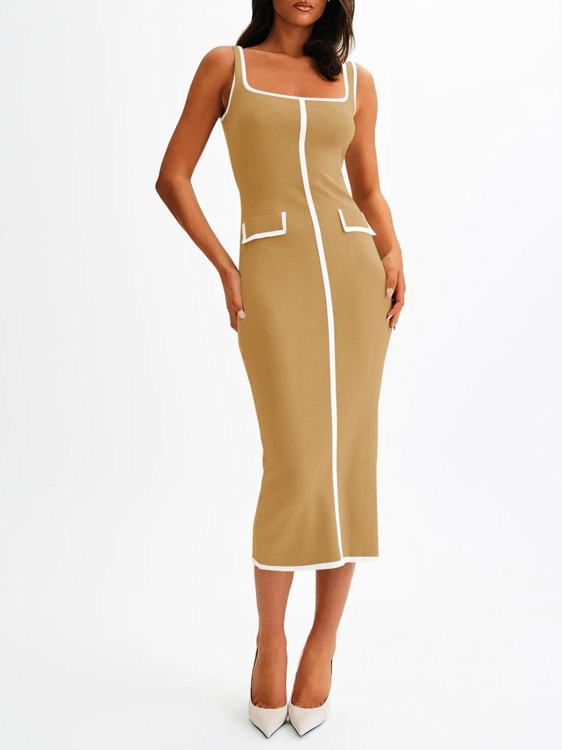 image:imageSaodimallsu Womens Summer Sleeveless Midi Dress Square Neck Knit Cocktail Bodycon Color Block Tank DressesBrown