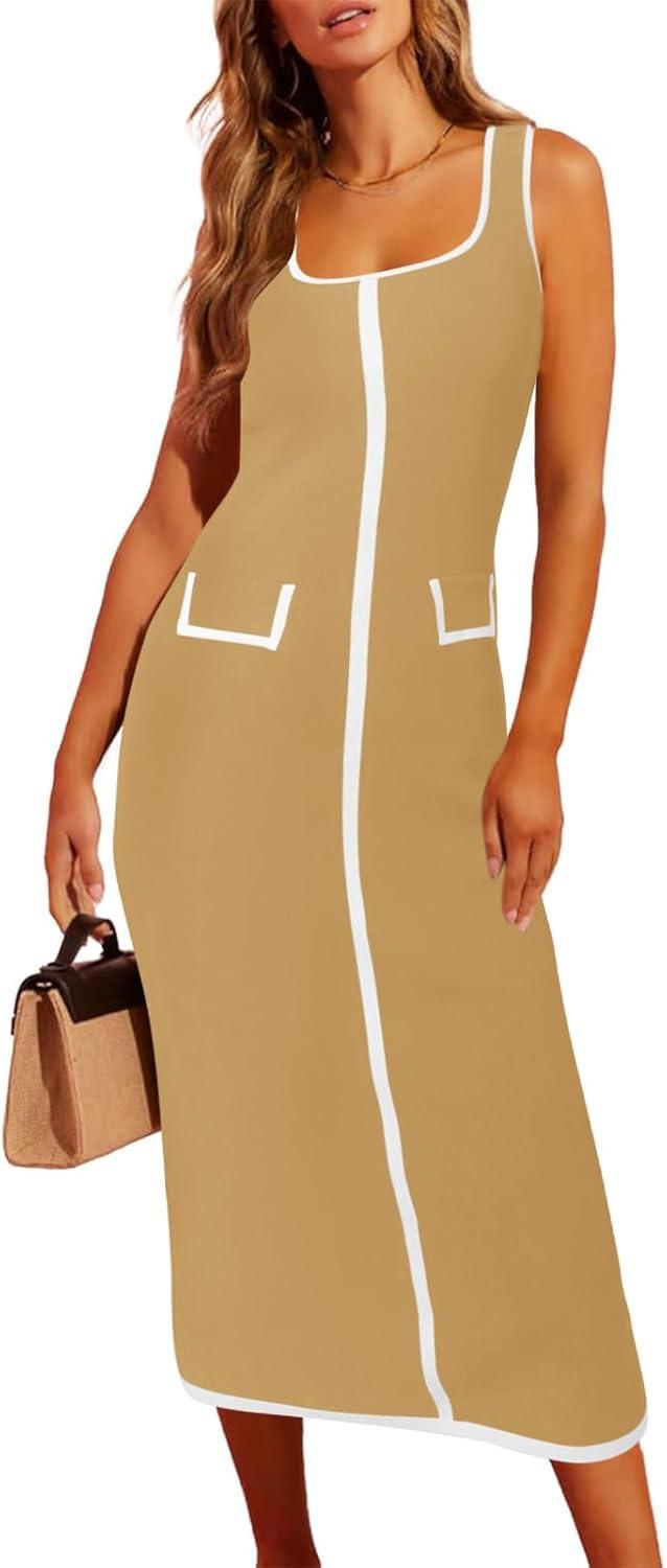 image:imageSaodimallsu Womens Summer Sleeveless Midi Dress Square Neck Knit Cocktail Bodycon Color Block Tank DressesBrown
