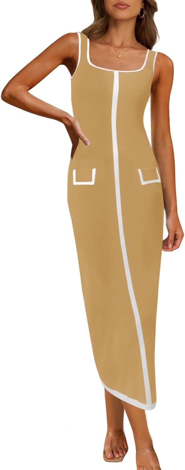 image:imageSaodimallsu Womens Summer Sleeveless Midi Dress Square Neck Knit Cocktail Bodycon Color Block Tank DressesBrown